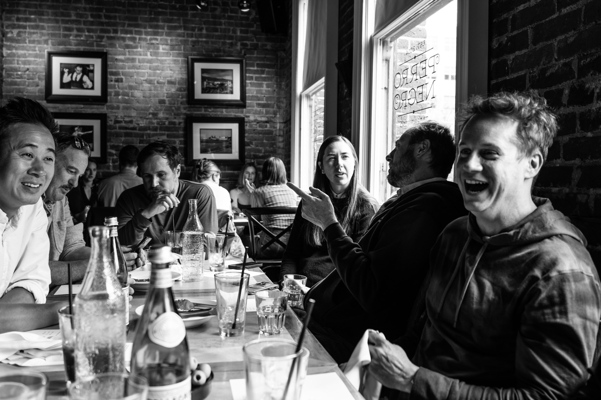Black and white photo of the whole table cracking up at once